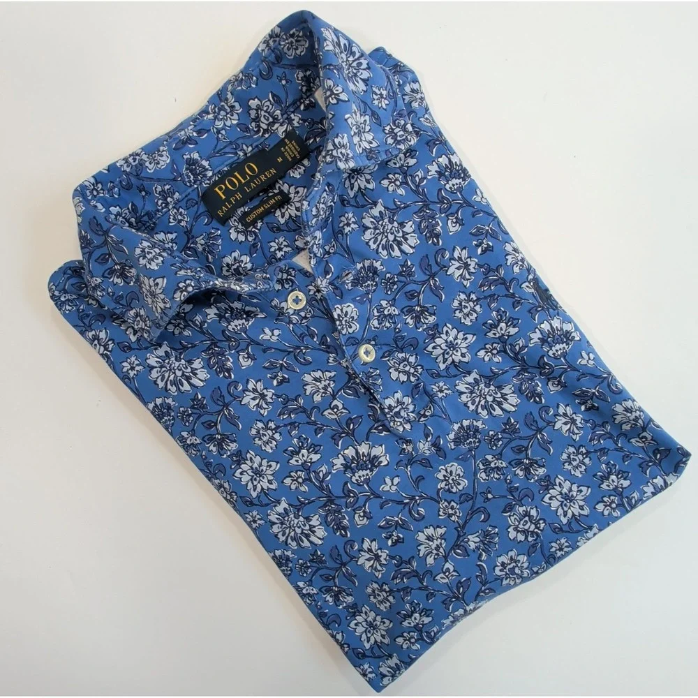 Polo Ralph Lauren Women's Medium Floral Print Polo Shirt Blue Golf Pickleball M